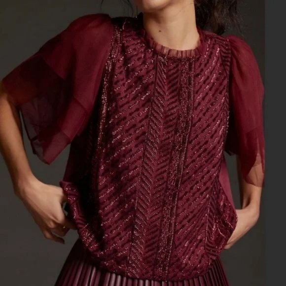 Let Me Be Wine Red Sequin Top with Tulle Sleeves - Picture 2 of 5